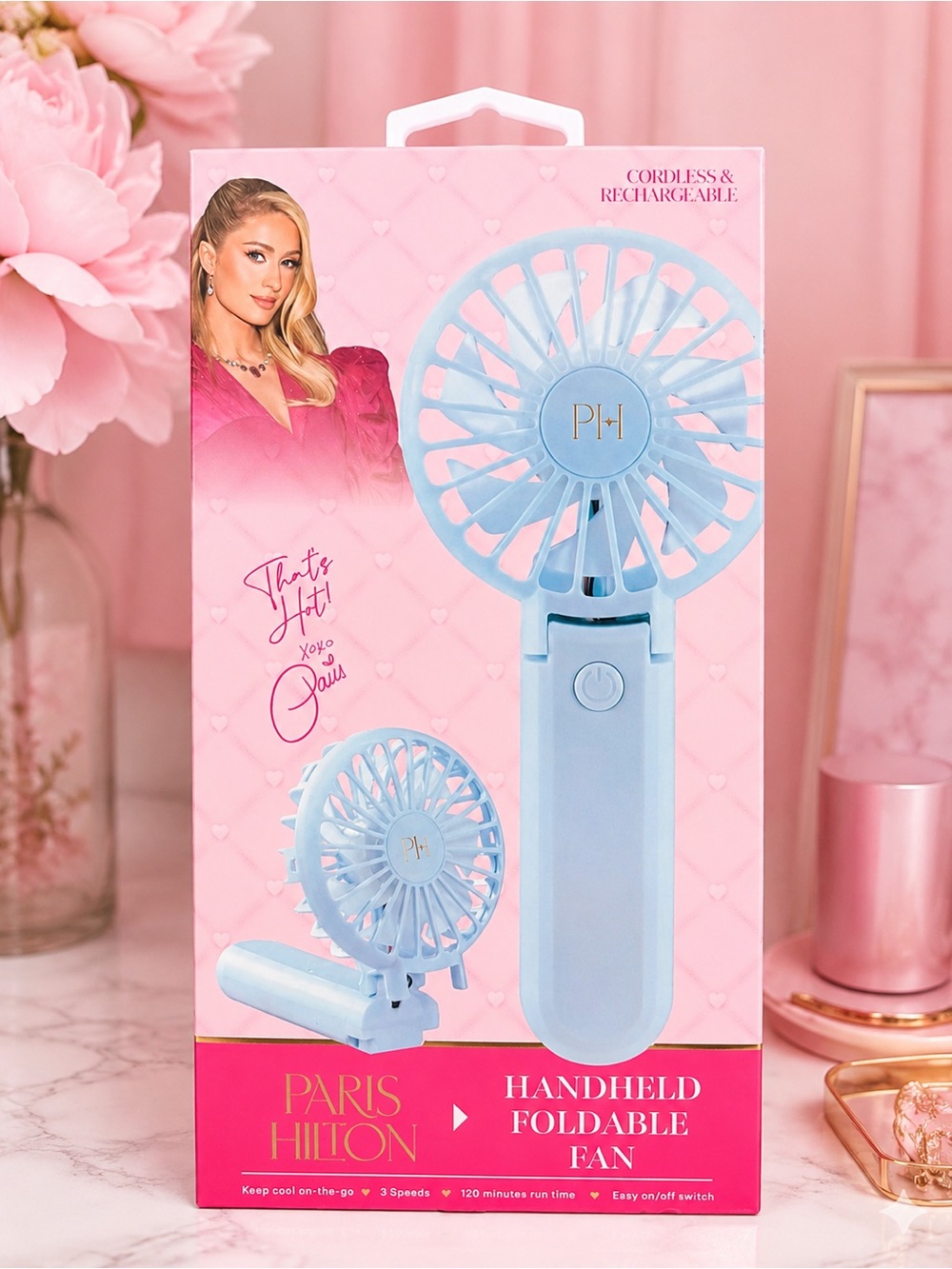 Paris Hilton Baby Blue Cordless Foldable Handheld Fan